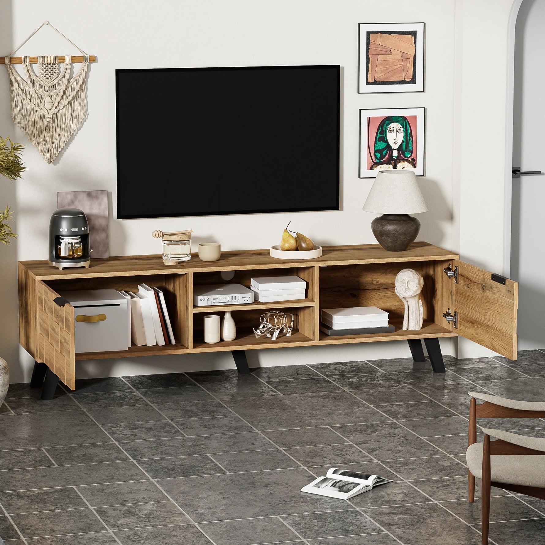 Modern TV Cabinet with 2 Doors, 2 Open Compartments - 160.5 x 35.5 x 45 cm