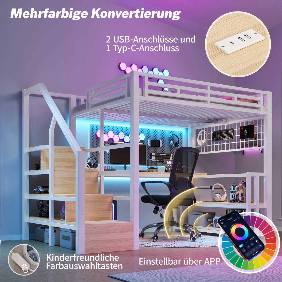 Loft Bed 140x200cm with Desk, Storage & LED, White Iron Frame
