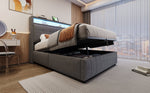 Upholstered Bed 140x200cm, LED & USB, Hydraulic Storage, Linen Fabric Gray