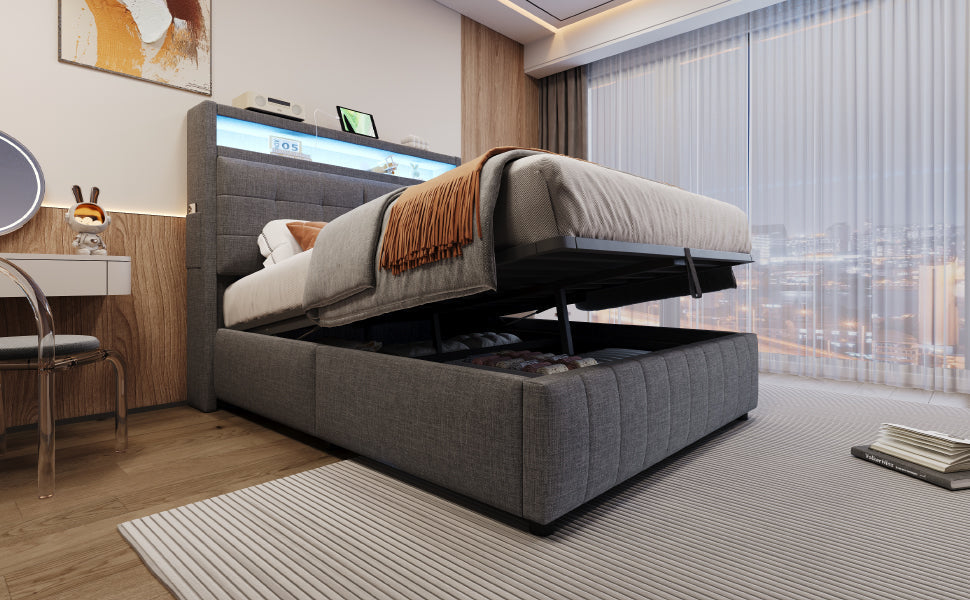 Upholstered Bed 140x200cm, LED & USB, Hydraulic Storage, Linen Fabric Gray