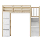 High Loft Bed with 4 Drawers and Storage Shelves, White and Natural Wood Color
