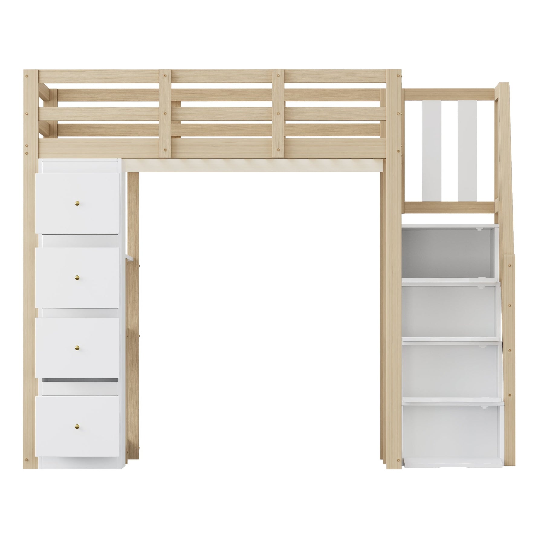 High Loft Bed with 4 Drawers and Storage Shelves, White and Natural Wood Color