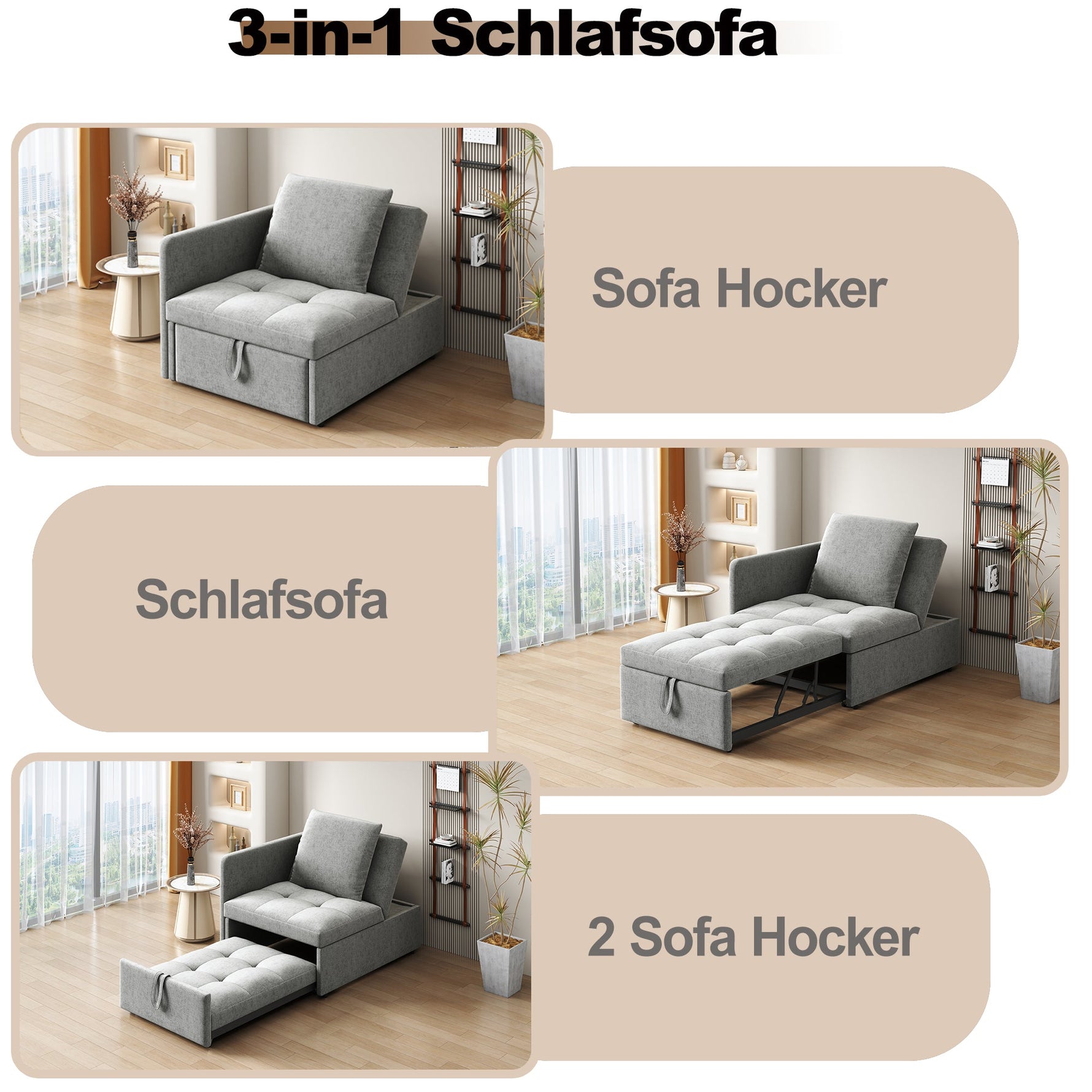 Upholstered Sofa Bed 3-in-1 Multifunctional Adjustable Backrest, Linen Fabric