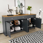 Sideboard Storage Cabinet, 4 Doors 3 Drawers Wood Grain, Grey and Black
