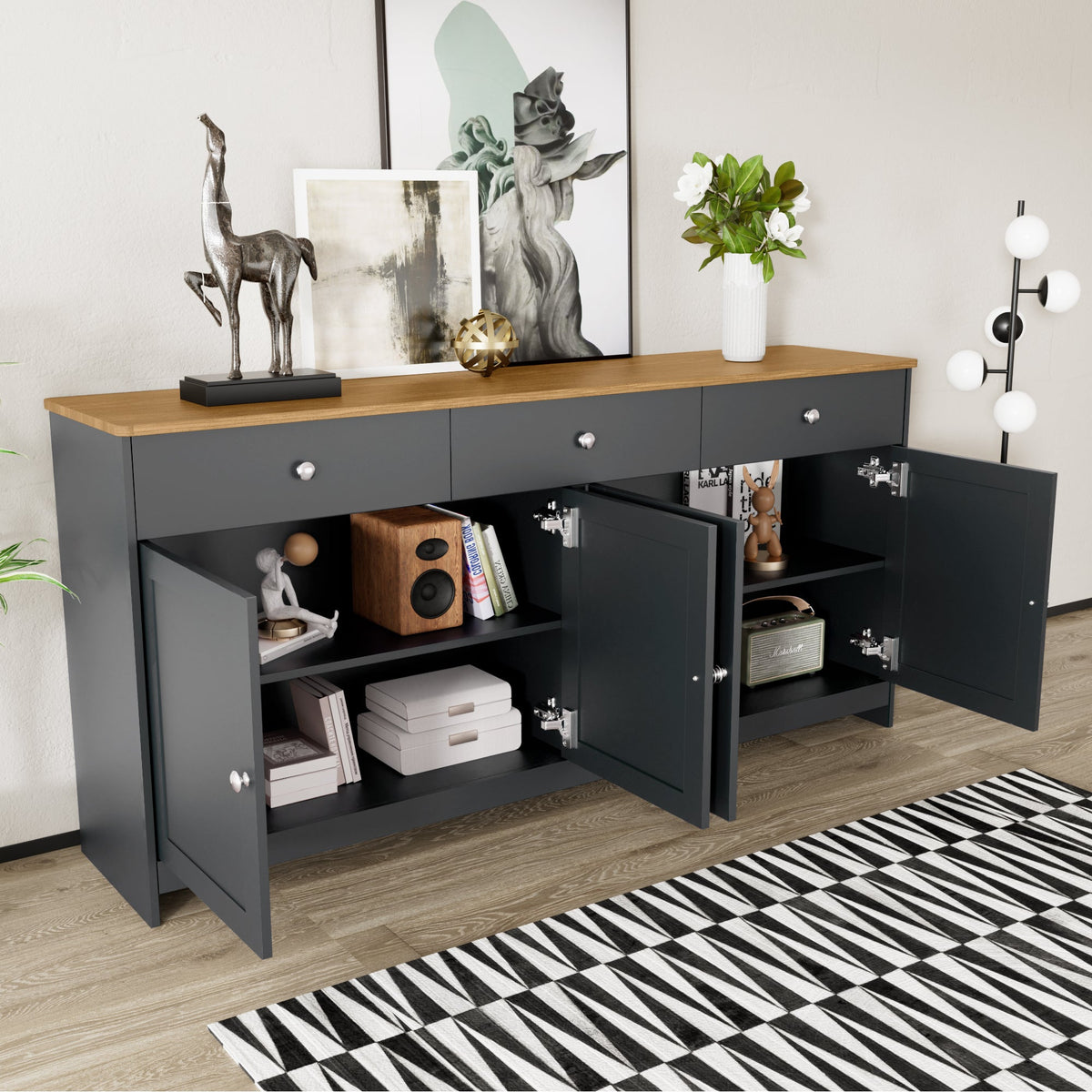 Sideboard Storage Cabinet, 4 Doors 3 Drawers Wood Grain, Grey and Black