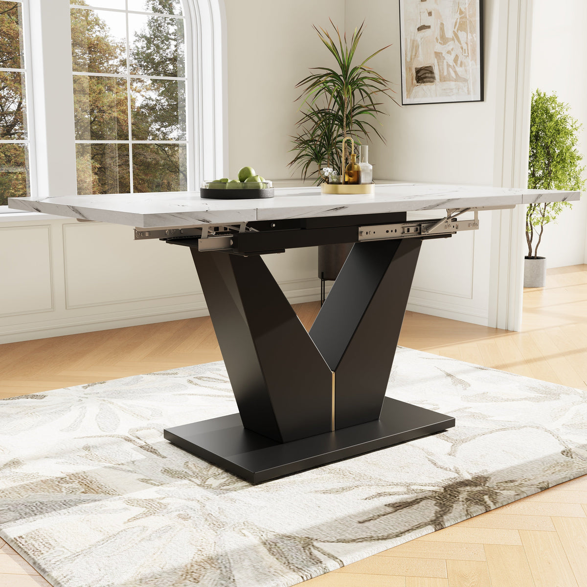 Telescopic Dining Table Extendable 99-159x75cm Space-Saving White V-Shaped Top