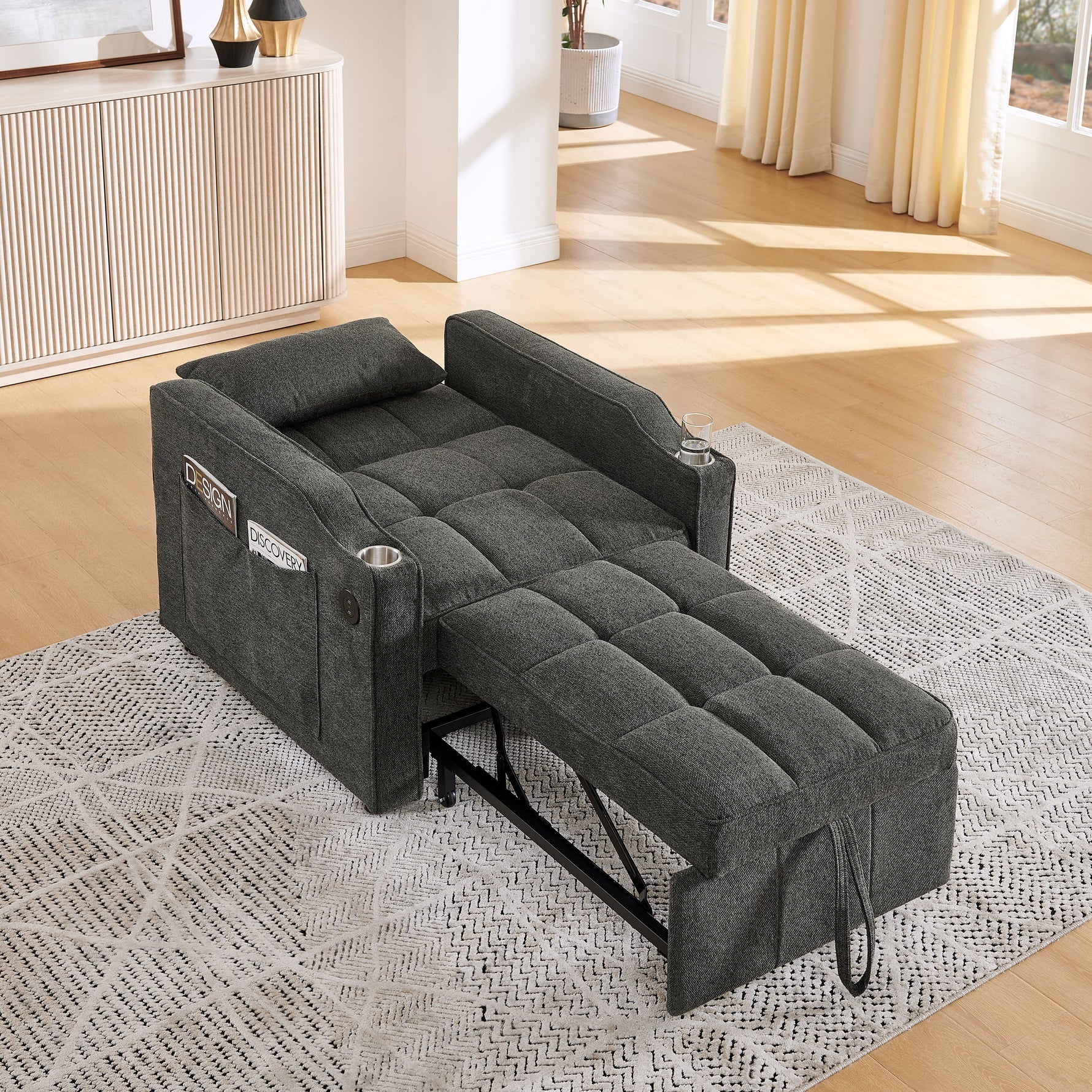 3-in-1 Sofa Bed Slide-to-Transform USB Charging - Gray