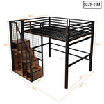Loft Bed 140x200cm with Safety Ladder Iron Frame Storage Area - Black