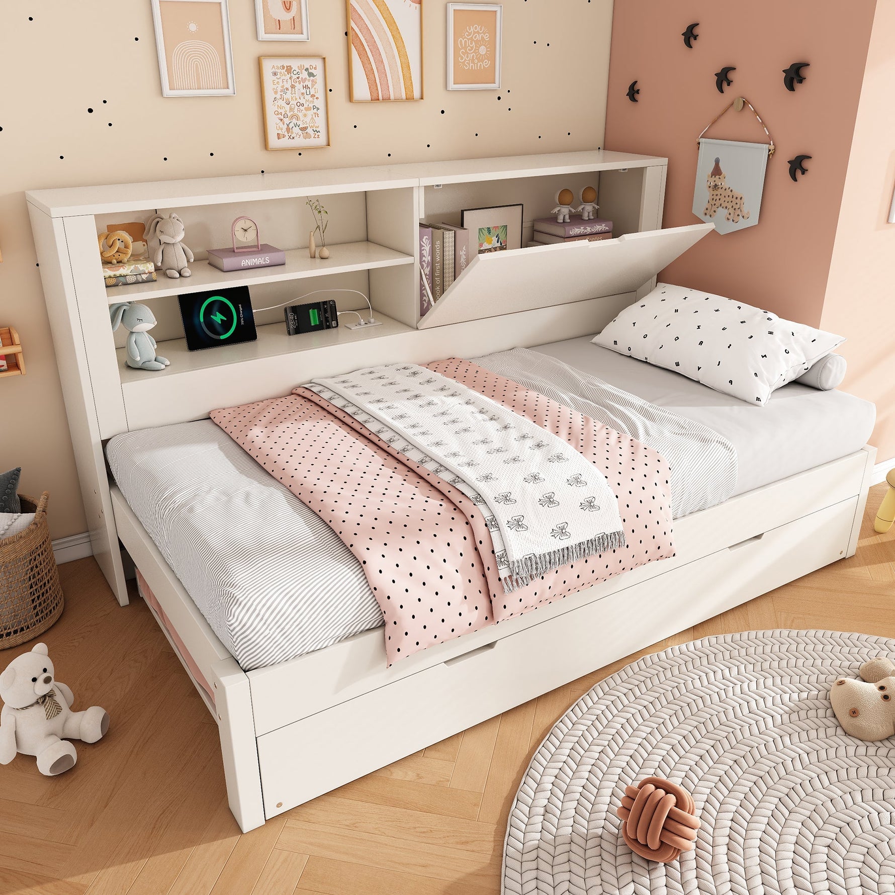 Sofa Bed with Pull-out Bed and Storage Back Panel, USB/USB-C Charging Station, White