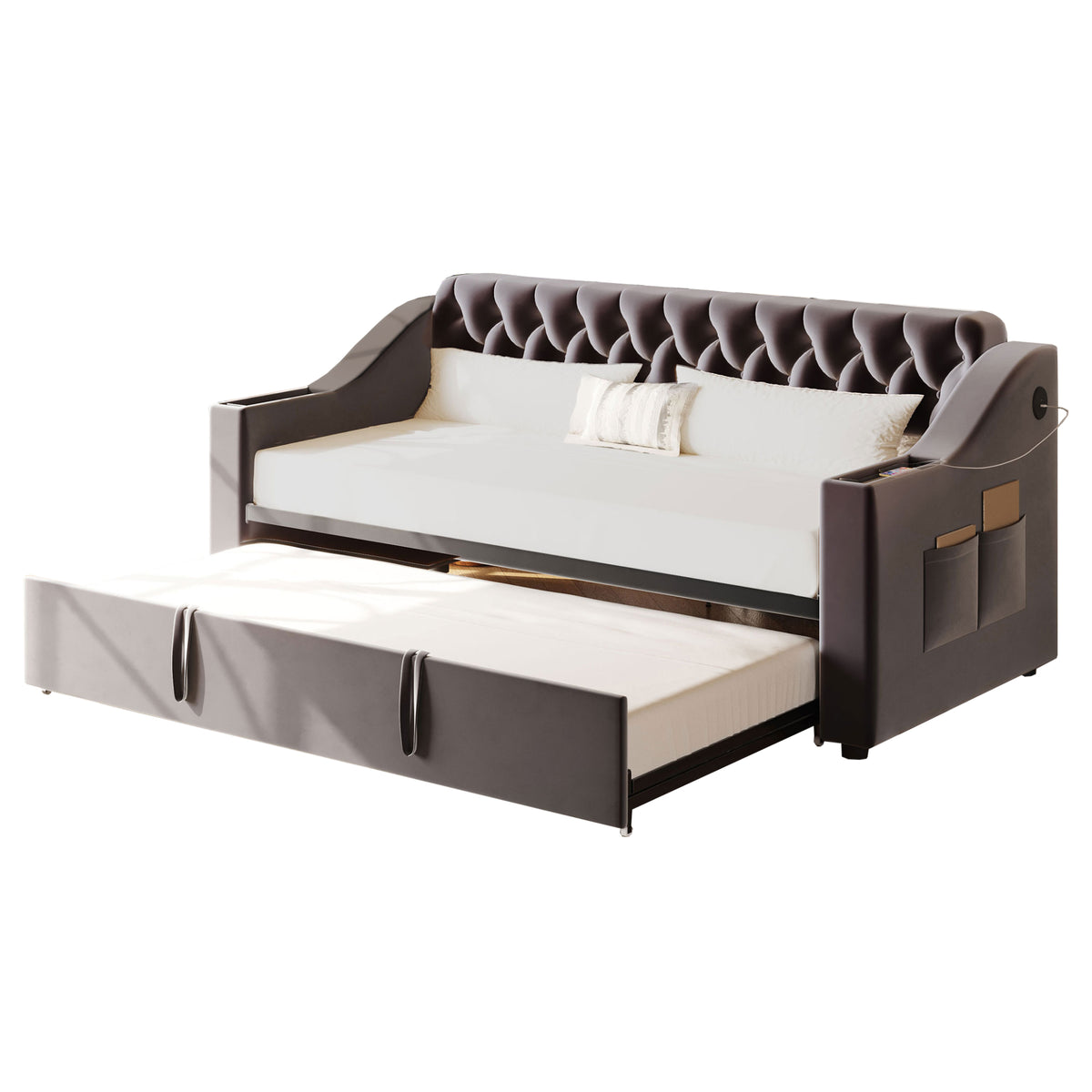 Upholstered Sofa Bed with USB & Storage, Dark Grey Velvet