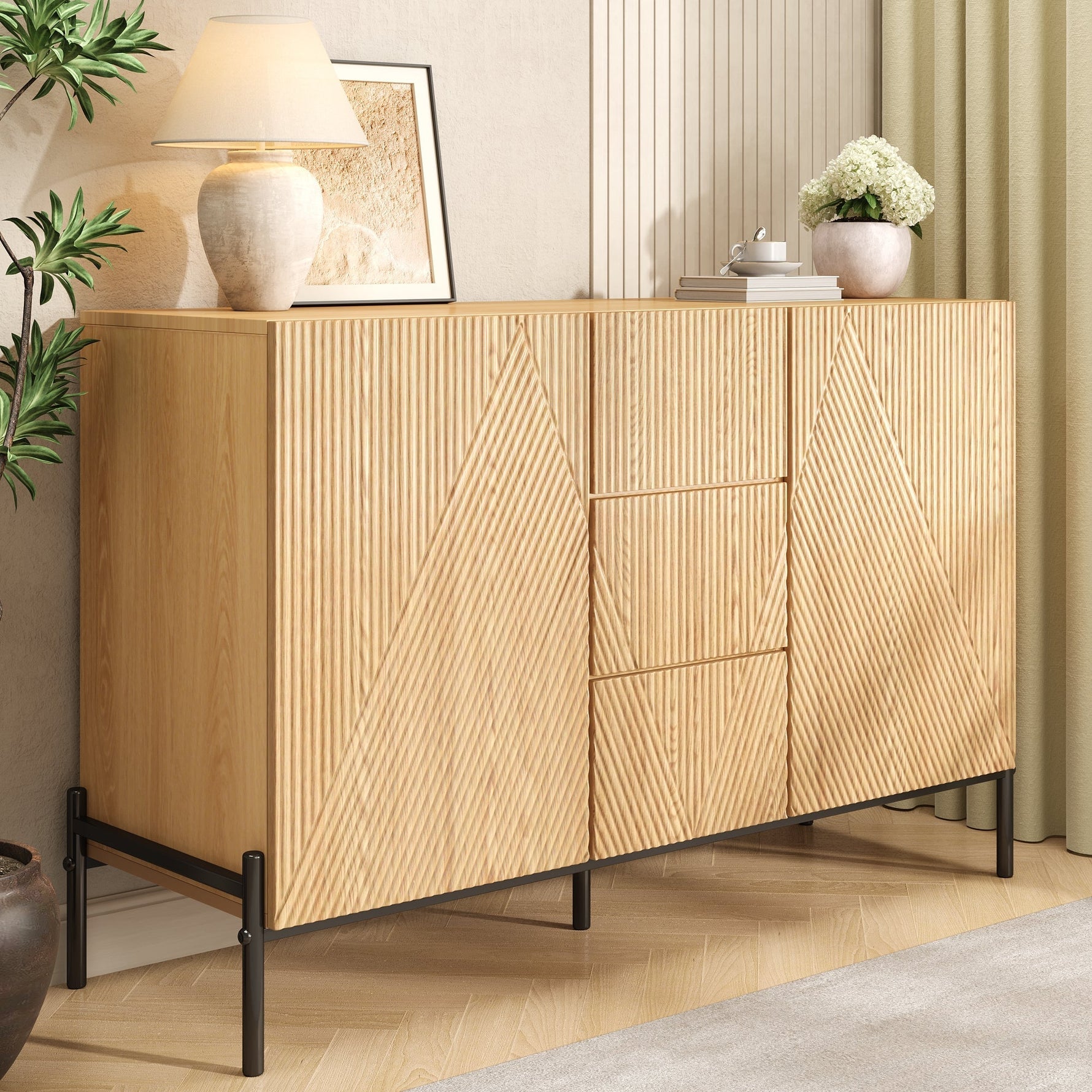 Modern Sideboard with Geometric Structure, Double Doors and Middle Drawer, Living/Dining Room Storage Cabinet