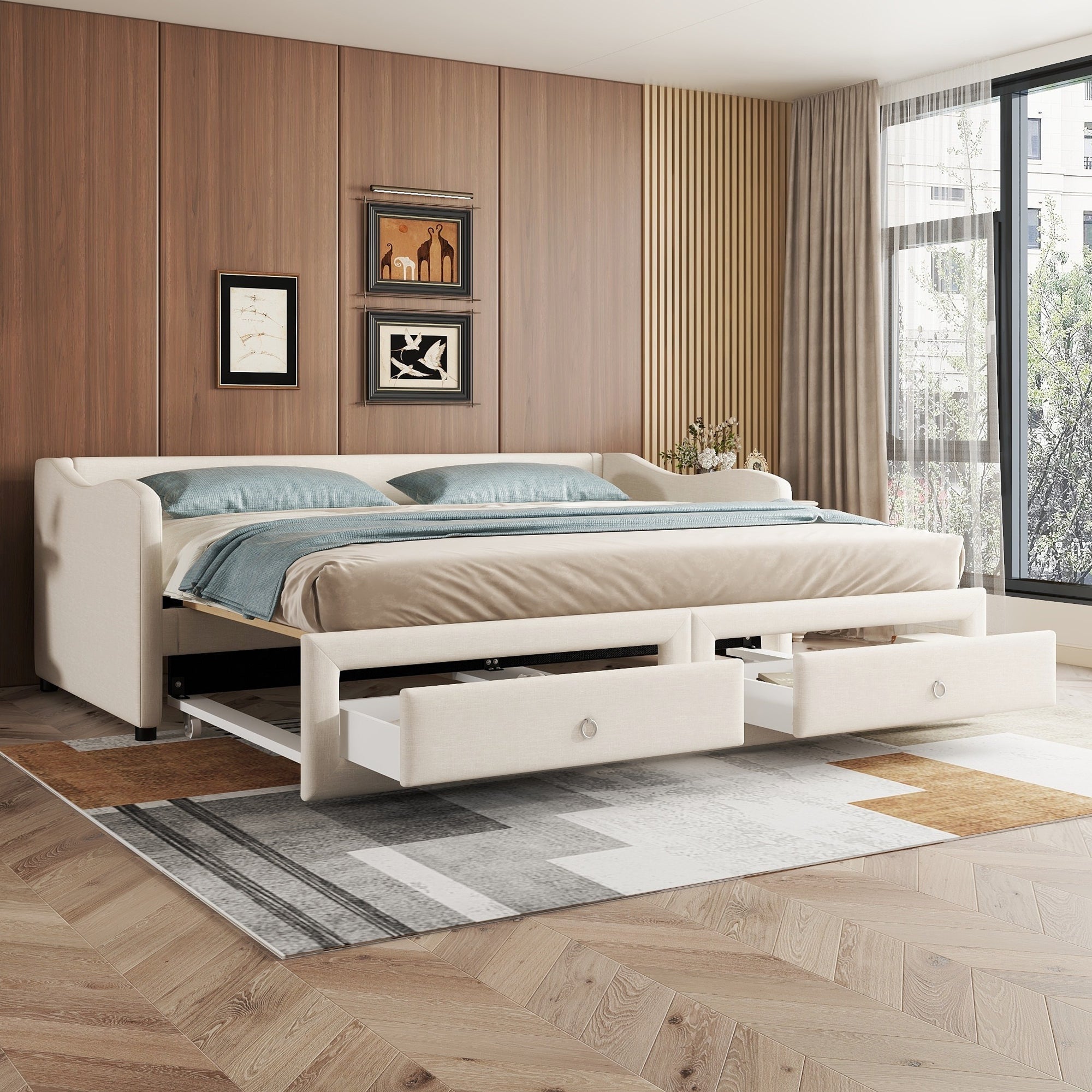 Daybed Sofa Bed 90x200cm Pull-Out Storage Drawers Linen Beige