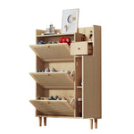 Wooden Shoe Cabinet, 3 Tilting Doors 1 Drawer Narrow Entryway, Rattan