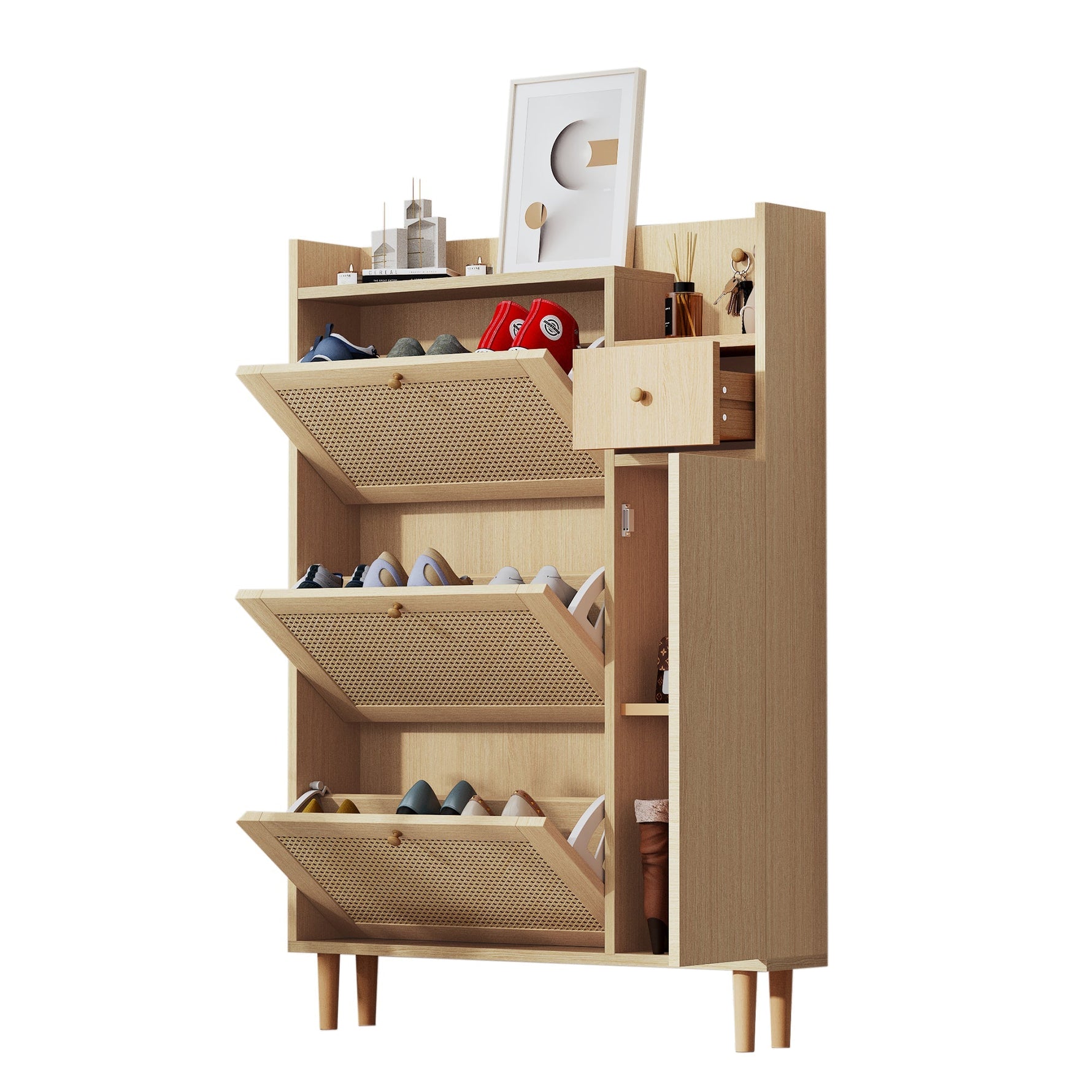 Wooden Shoe Cabinet, 3 Tilting Doors 1 Drawer Narrow Entryway, Rattan