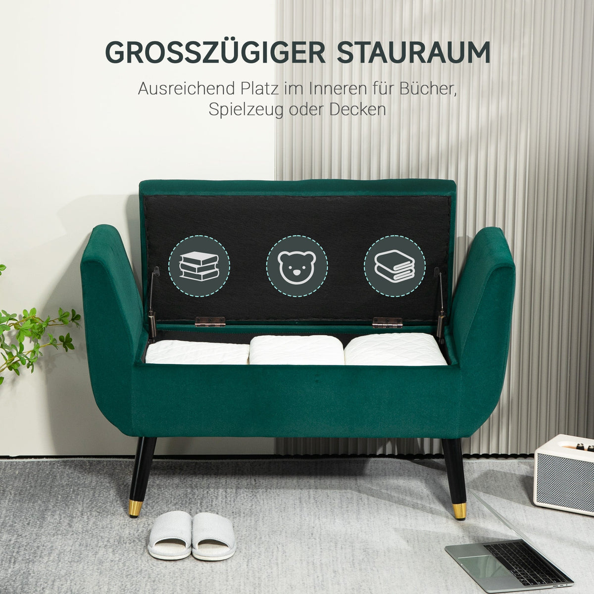 Luxury Upholstered Bench, Storage Armrests Chest, Velvet Polyester Rubberwood Green