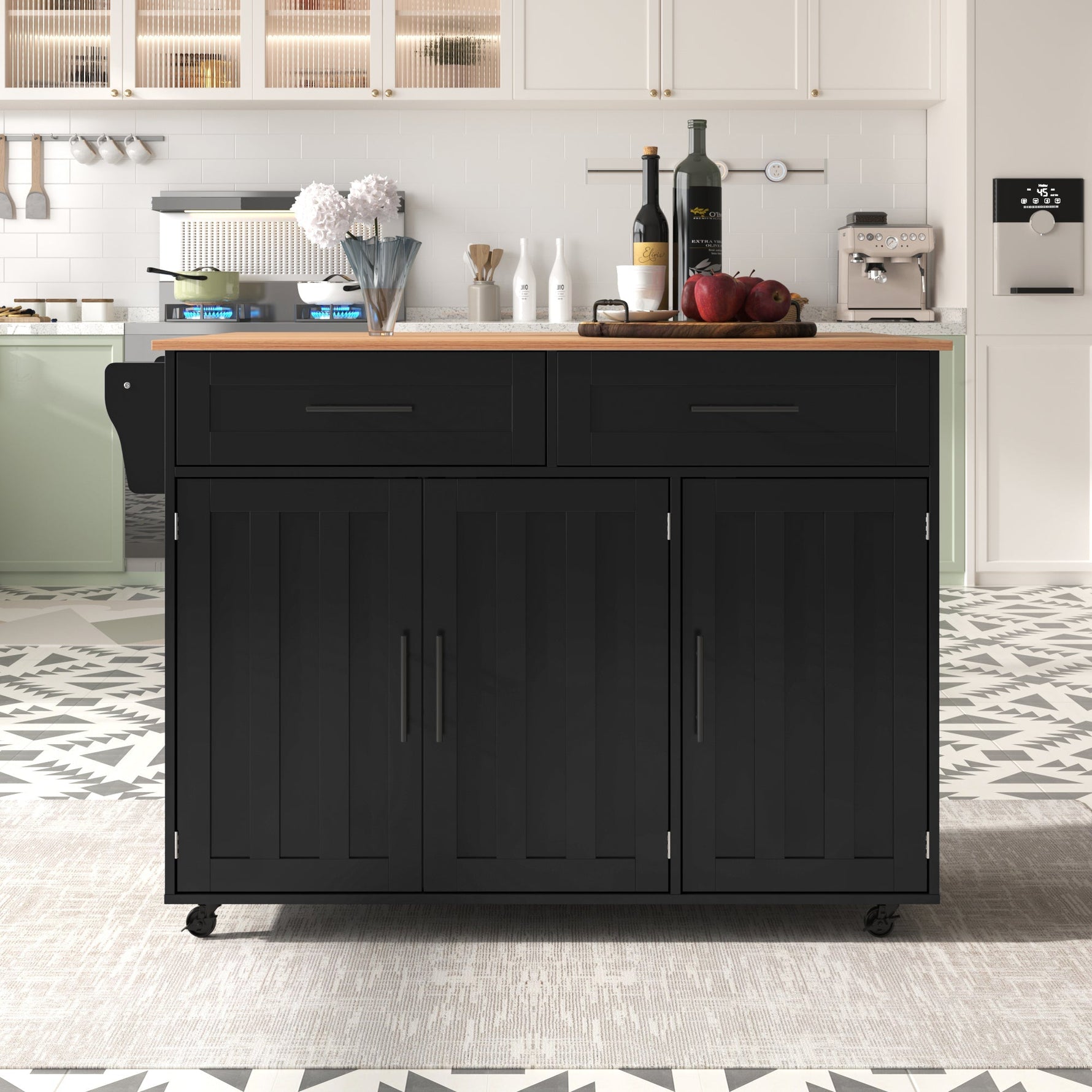 Dining Cart Sideboard 129cm Extendable Folding Top Storage Wheels - Black