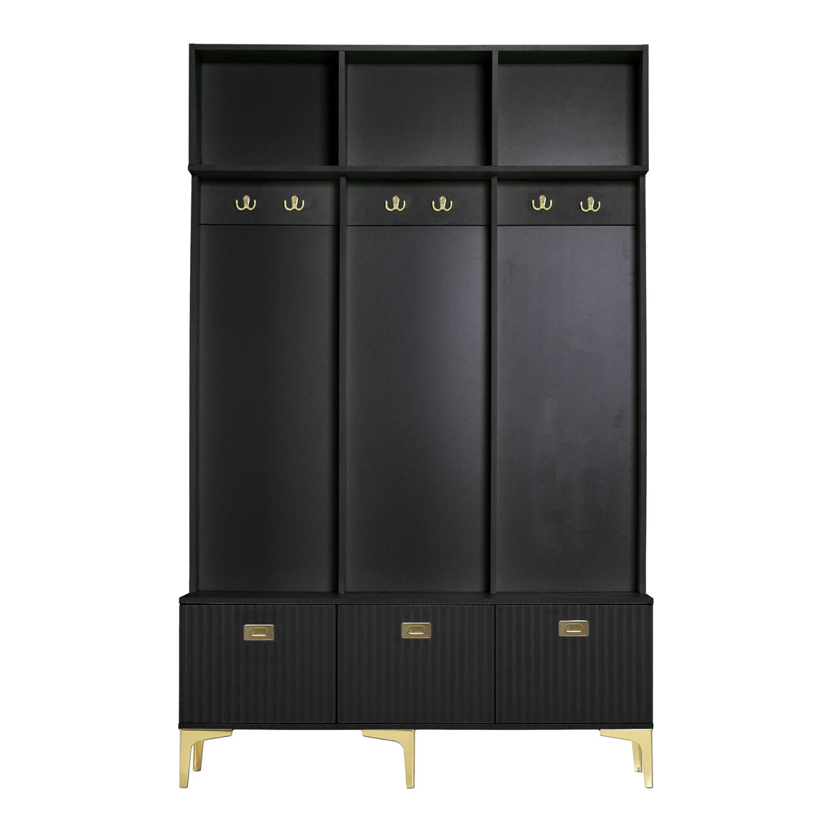 Wardrobe Set with Bench, Multifunctional Storage, Open Storage, 6 Golden Hooks, Black