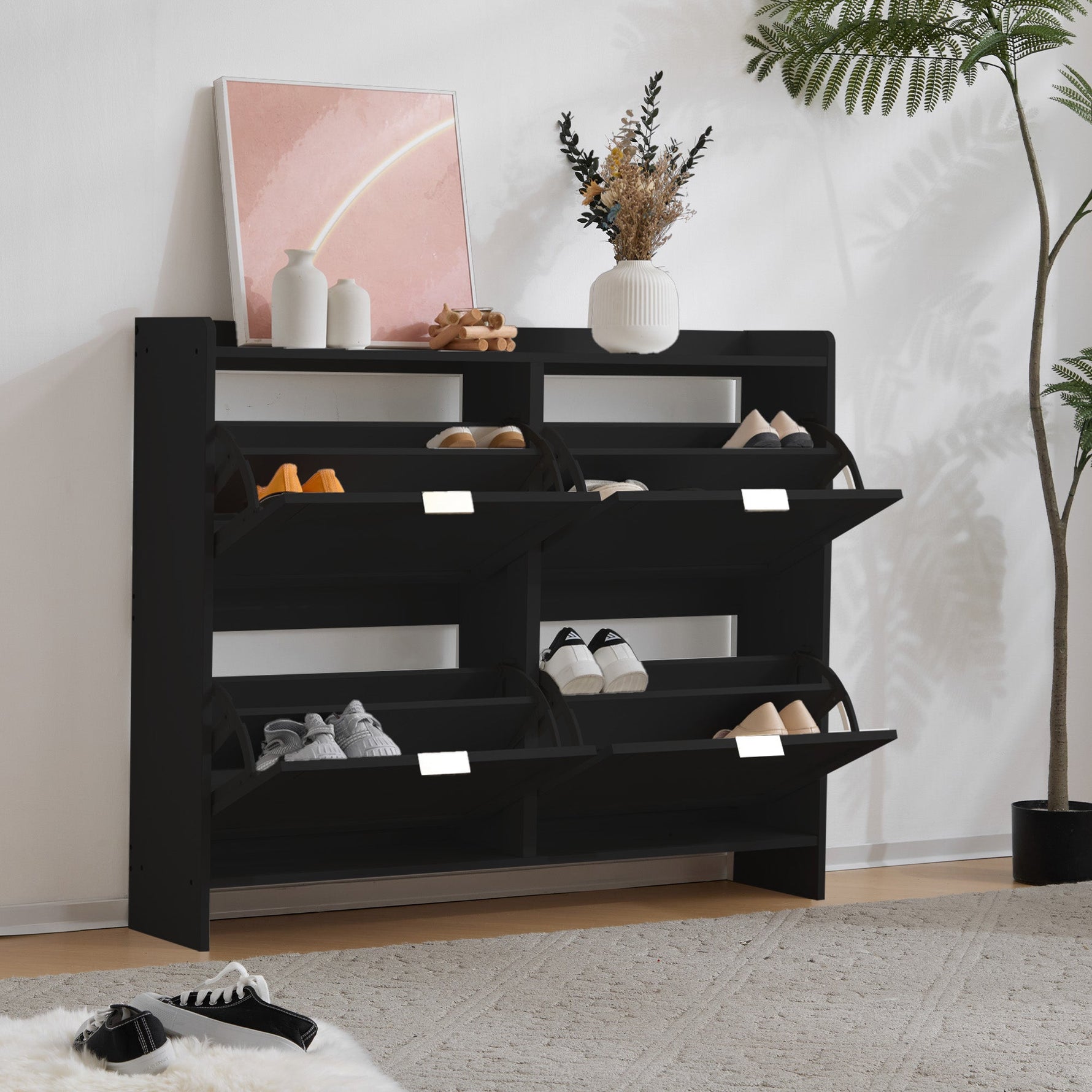 Shoe Cabinet 4 Drop-Down Compartments Open Shelves Entryway, Black