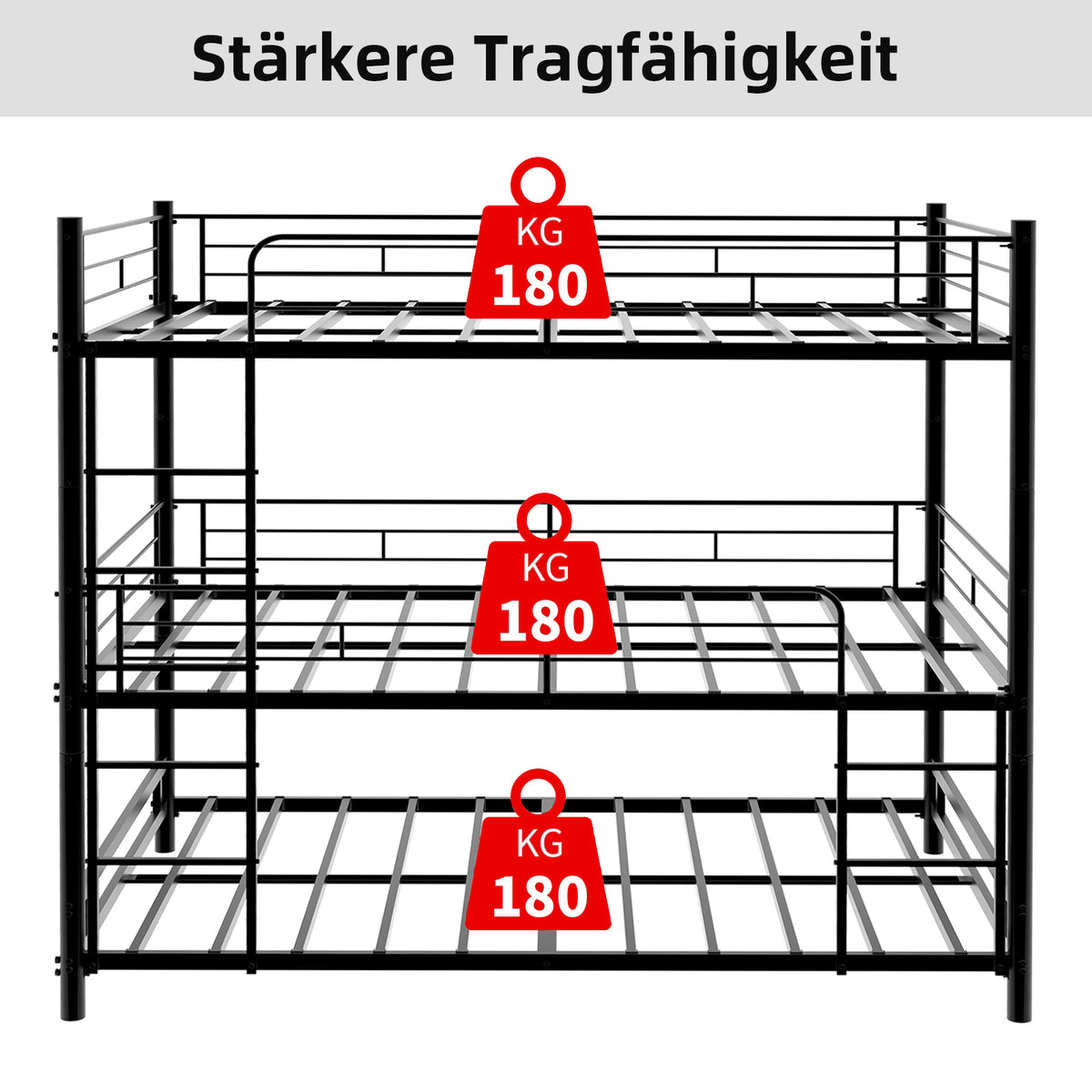 Three-Tier Bed Frame 90x190cm with Ladder & Guardrails