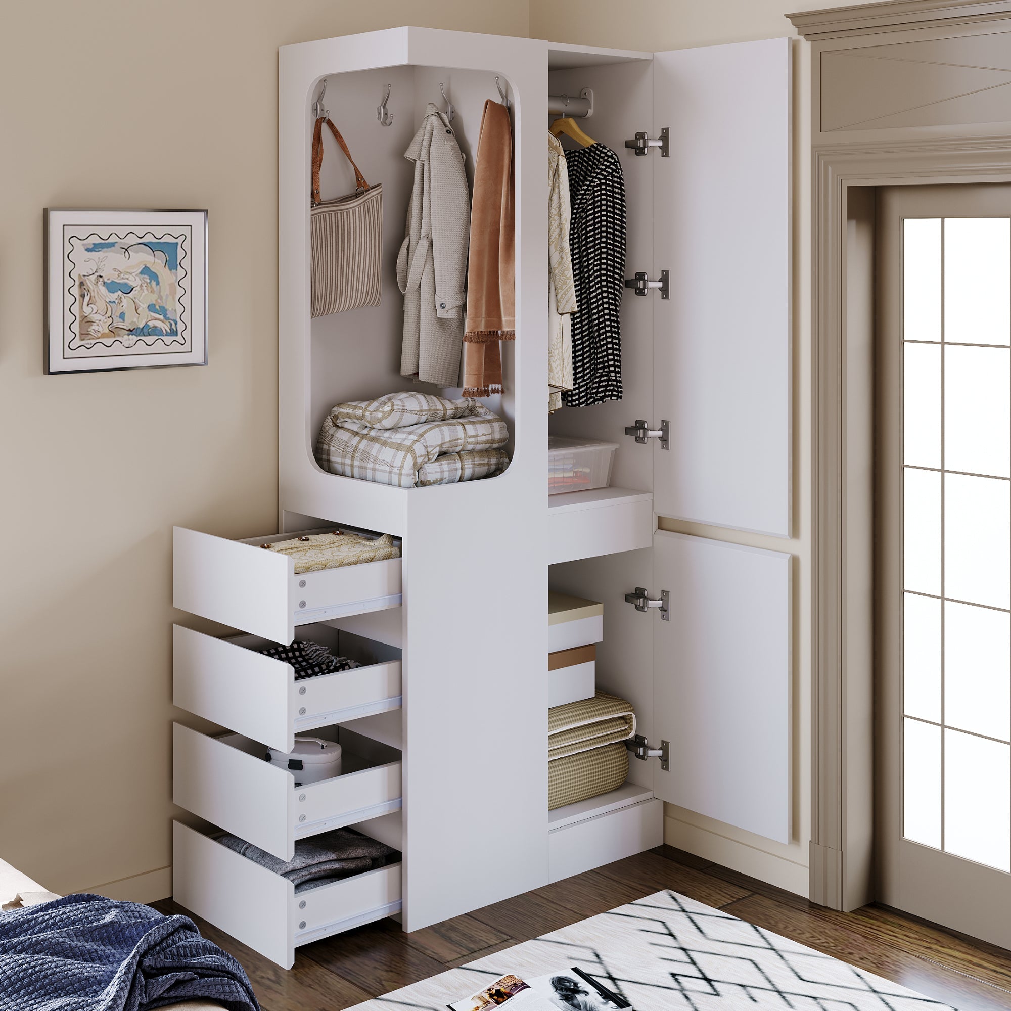 Wardrobe 70x40x170cm Drawers Storage Open Area Single Door, White