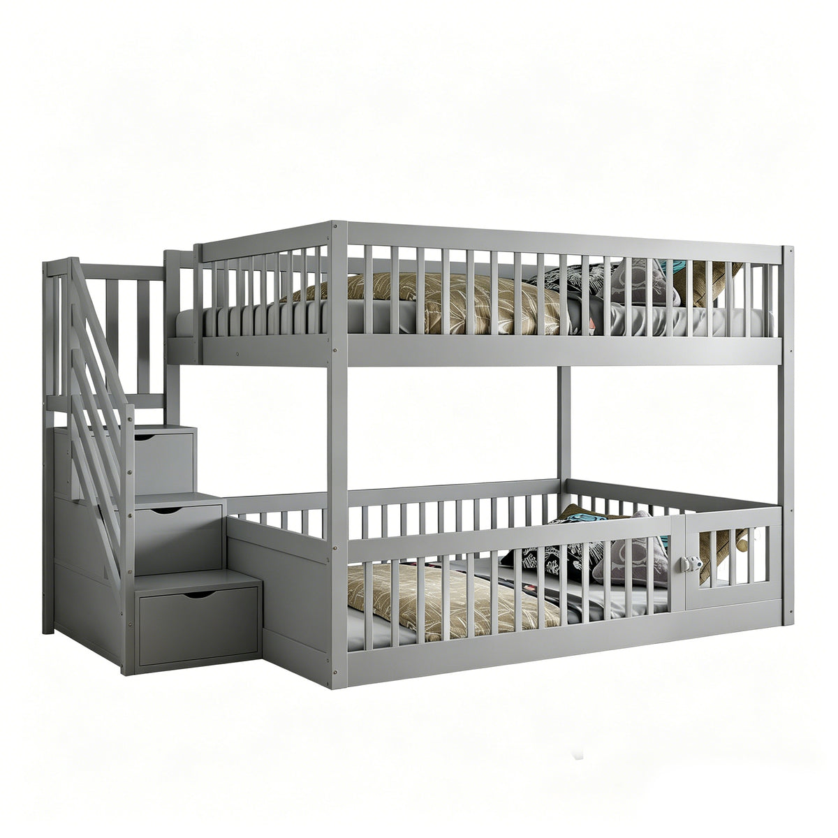Bunk Bed 140x200 with Safety Stairs & Drawers, Grey Wood