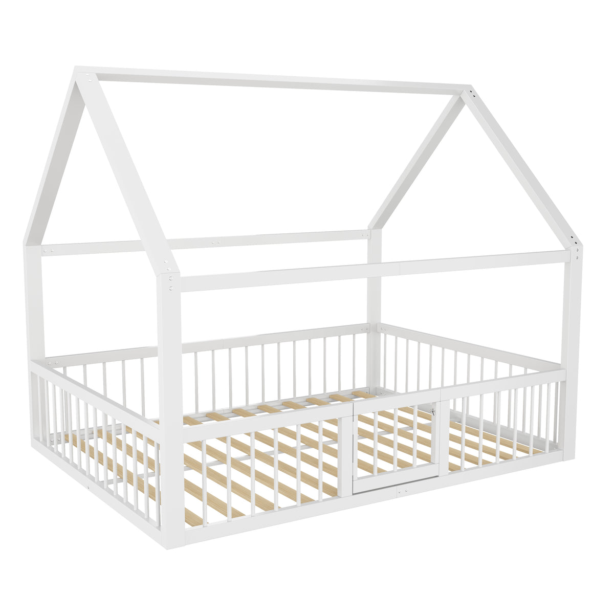 Flatbed Metal Bed 140x200cm with House Trim & Railing - White