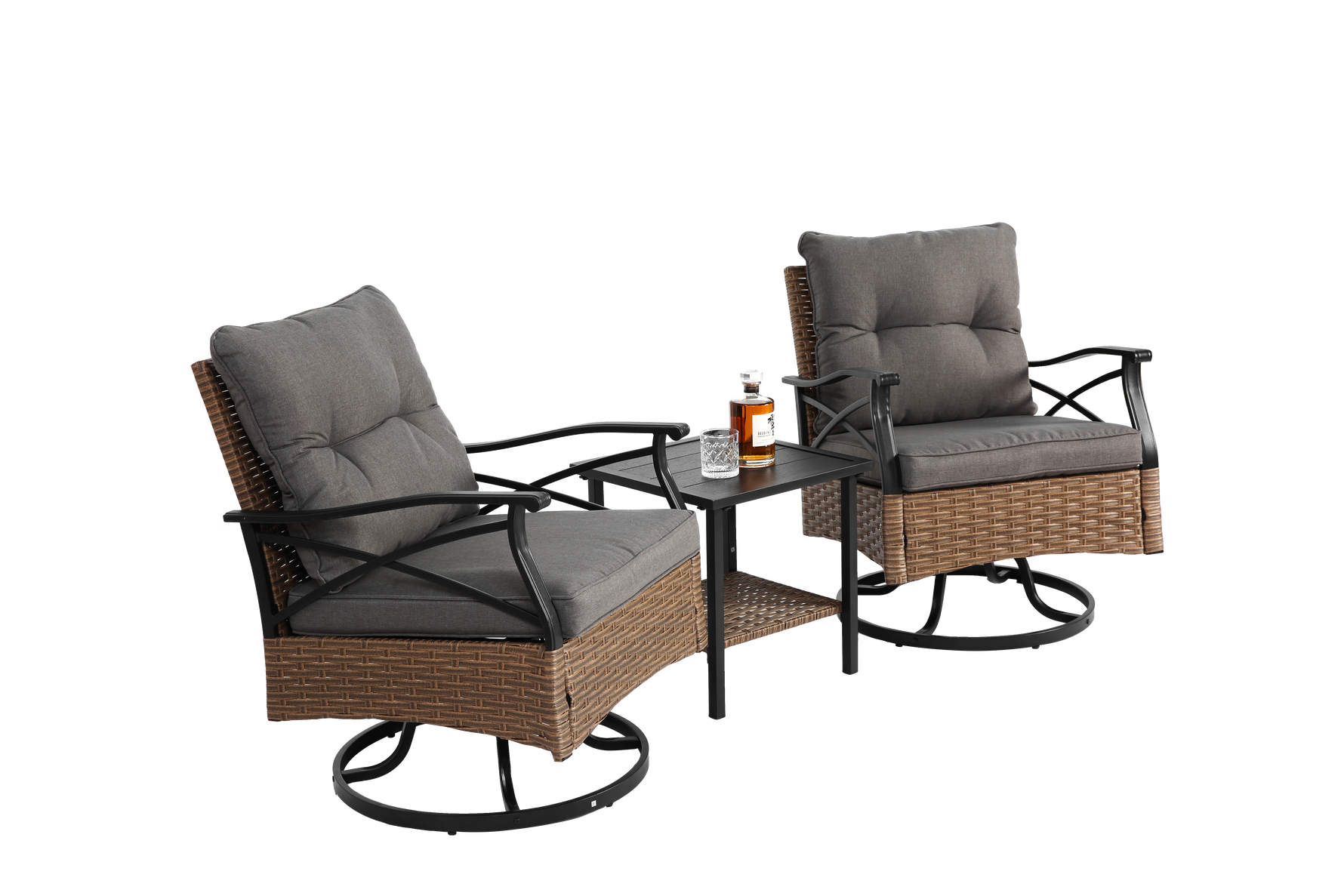 Outdoor Swivel Rocking Chair Set, 3 Pieces with 1 Table and 2 Chairs, 350lb Support, Brown Wicker