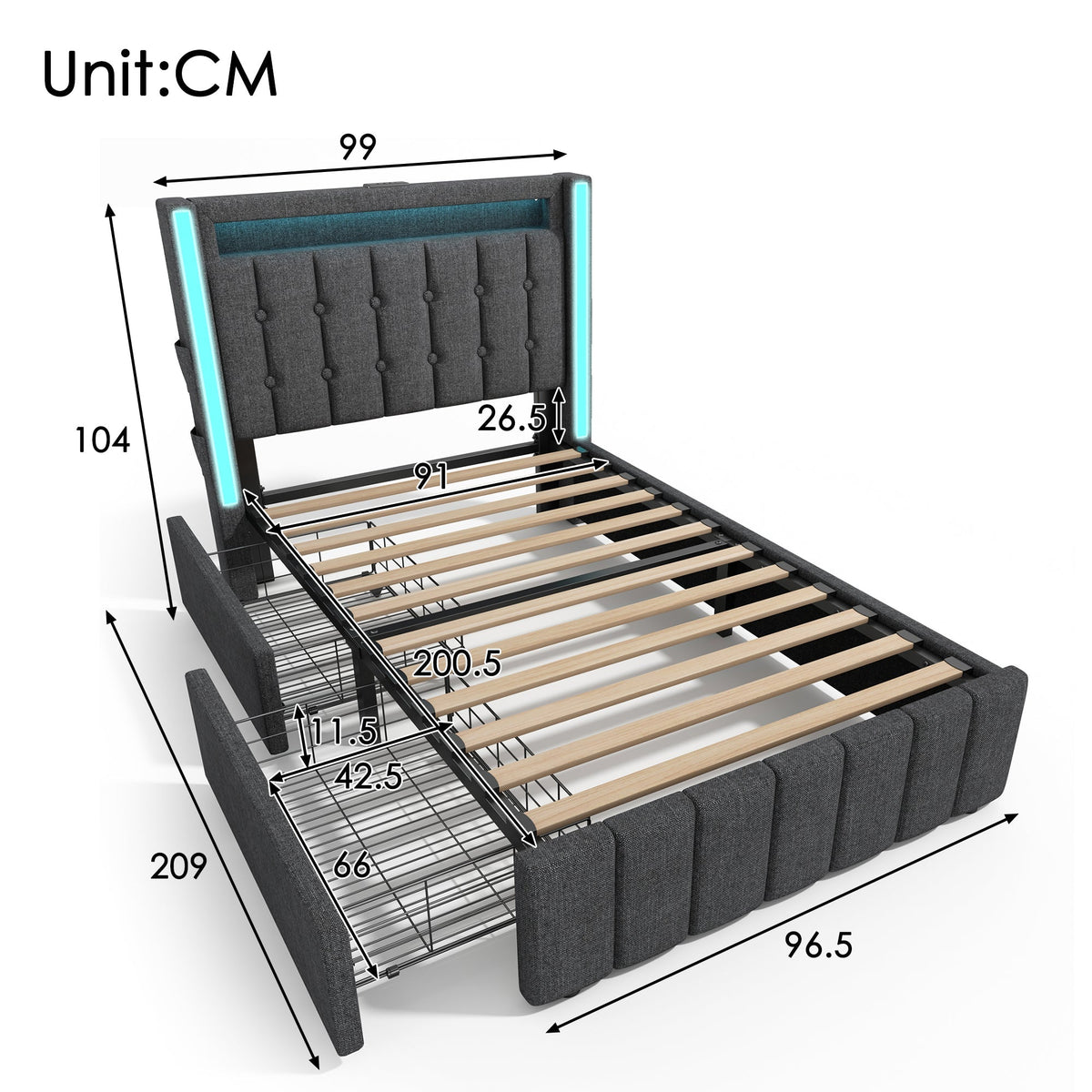 Upholstered Bed, USB-C, LED, 2 Drawers, Grey Fabric
