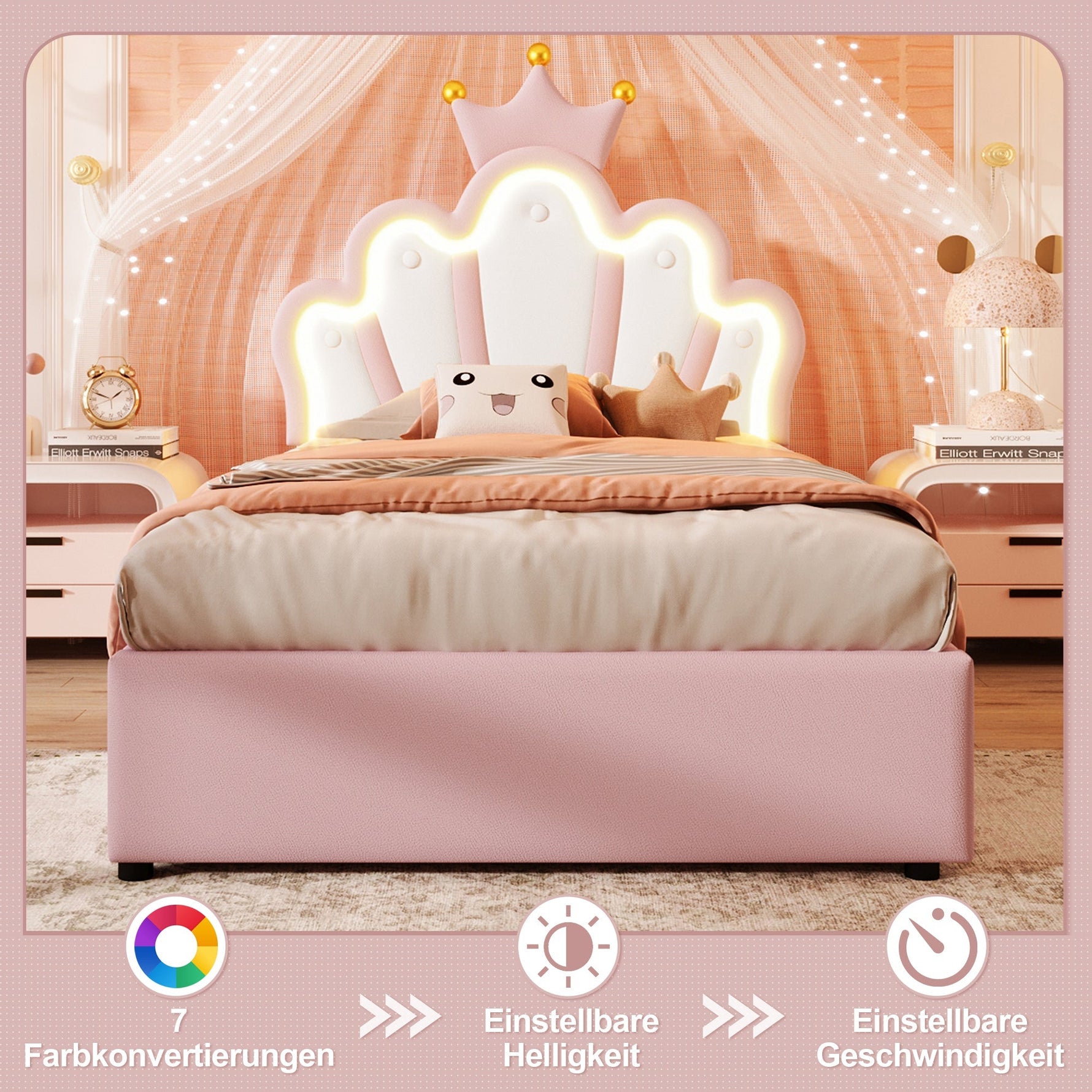 Upholstered Bed 90x200cm Hydraulic Storage LED Crown Shape Adjustable Headboard - PU Pink