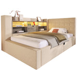 Upholstered Single Bed with LED, Hydraulic Storage and L-Shaped Headboard, 90x190cm, Beige Linen Fabric
