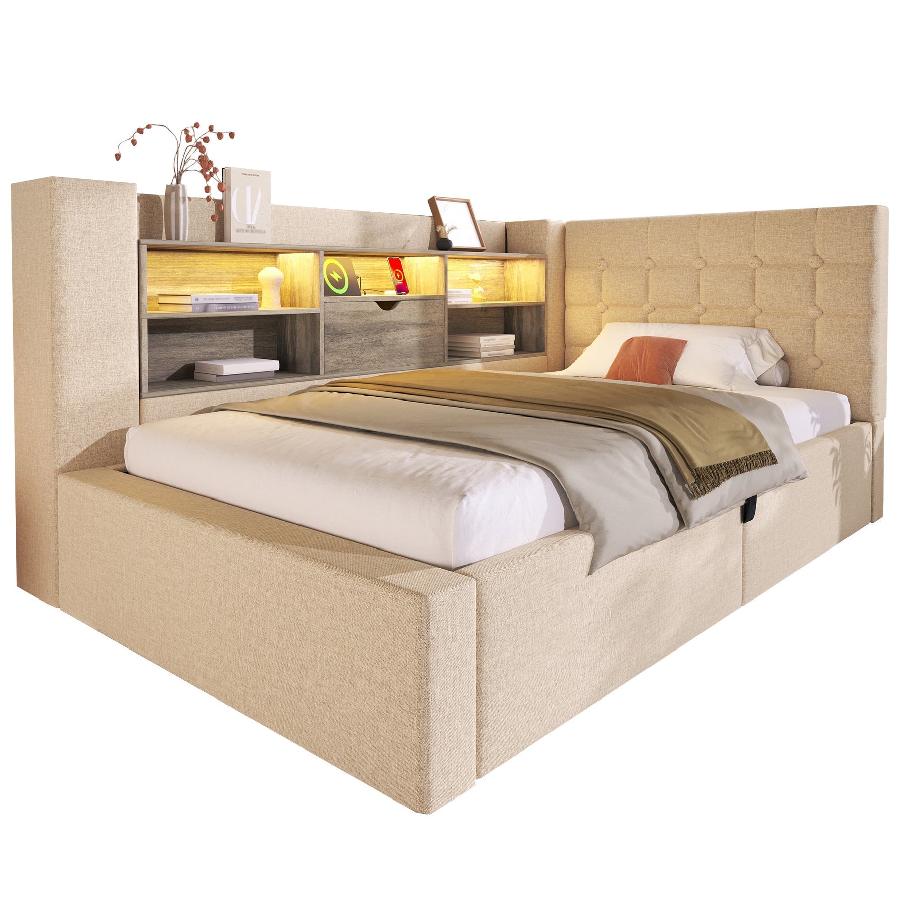 Upholstered Single Bed with LED, Hydraulic Storage and L-Shaped Headboard, 90x190cm, Beige Linen Fabric