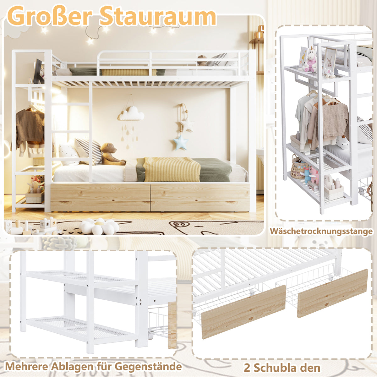 Bunk Bed 90x200 cm with Drawers & LED, White Iron Frame