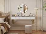 Wall-Mounted Vanity Table with 3 Drawers & Glass Top, White