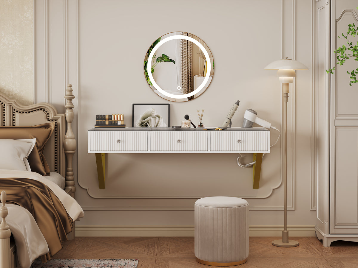 Wall-Mounted Vanity Table with 3 Drawers & Glass Top, White