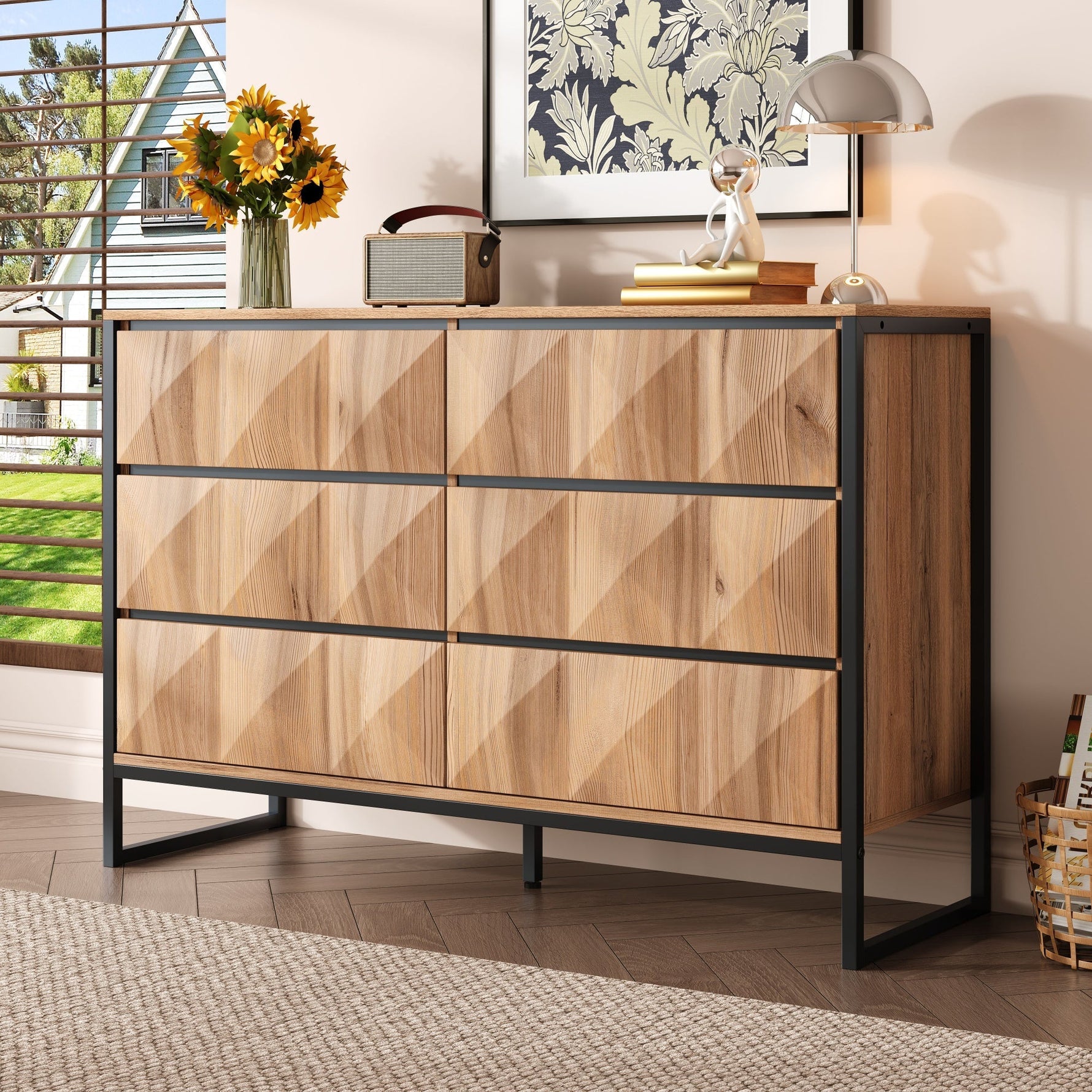 Sideboard & Chest of Drawers, Metal Legs, Raised Doors, Black and Natural Wood