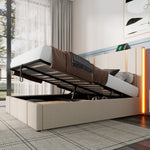 Upholstered Double Bed, USB C, APP Control, LED, Storage, Beige Linen