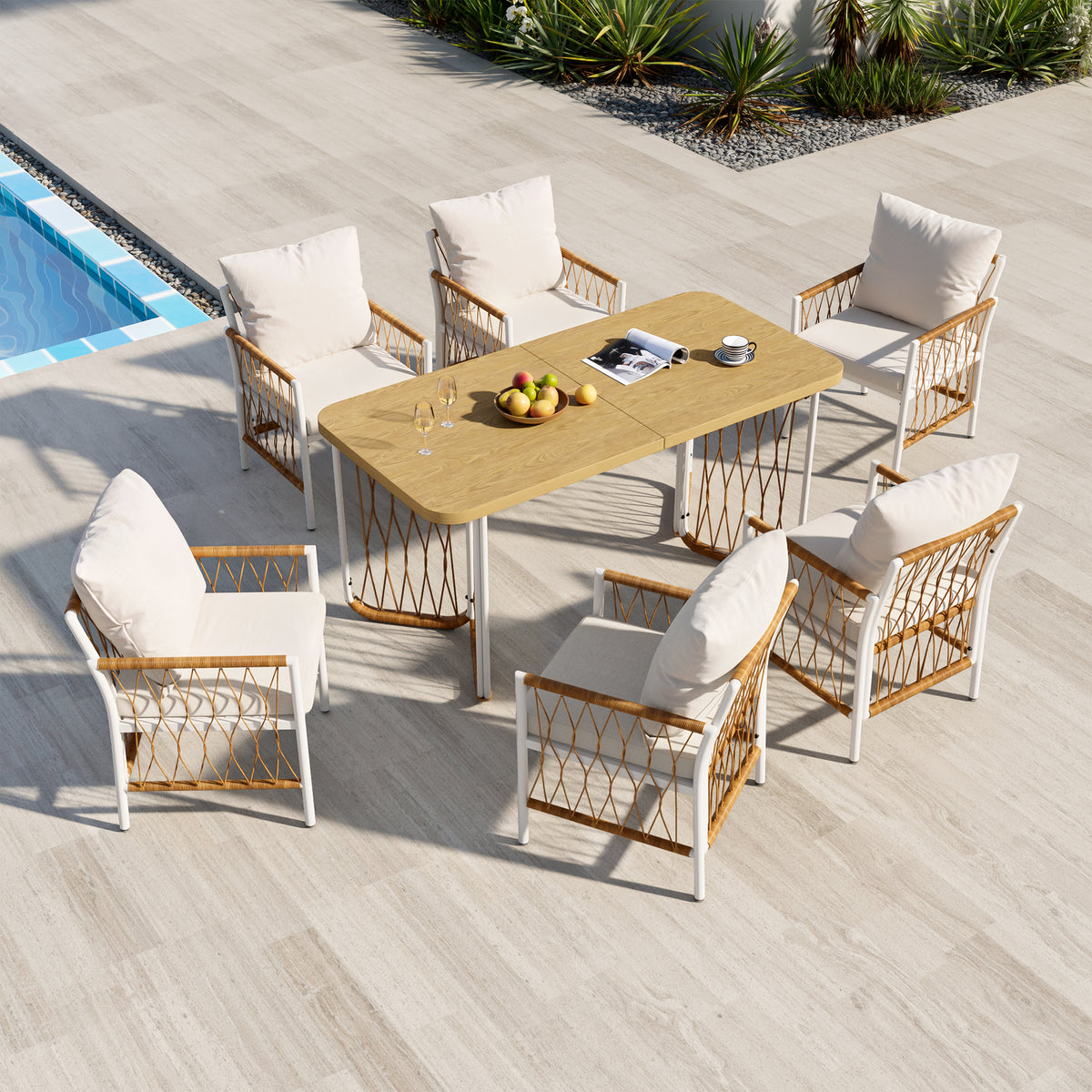 Modern Outdoor Patio Set with Cushions & Woven Armrests, Iron