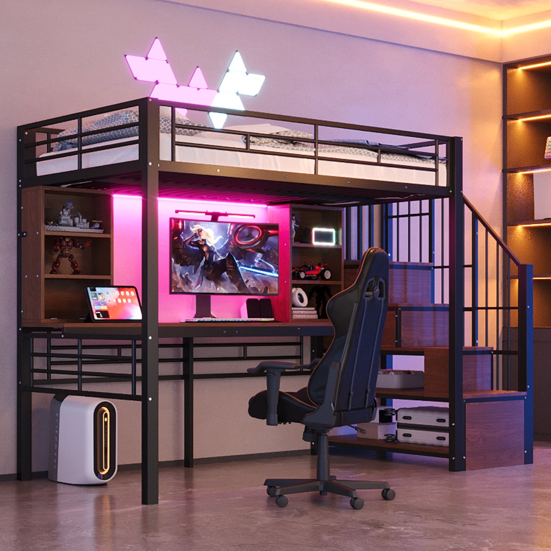 Loft Bed with Desk, Storage Stairs, LED and Socket, 90x200cm, Black Iron