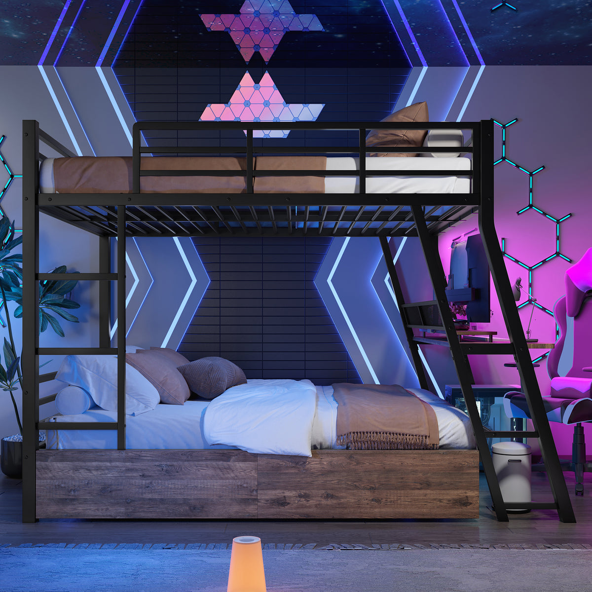 Loft Bed 140x200cm with Desk, LED & Drawers, Black Iron
