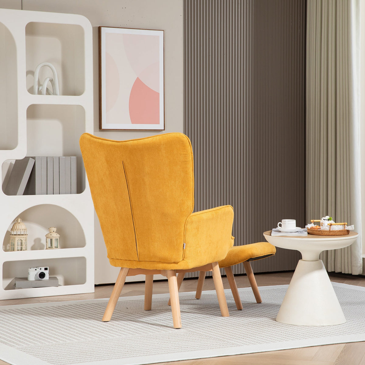 Wingback Chair with Footstool Recliner Wooden Legs, Corduroy Orange