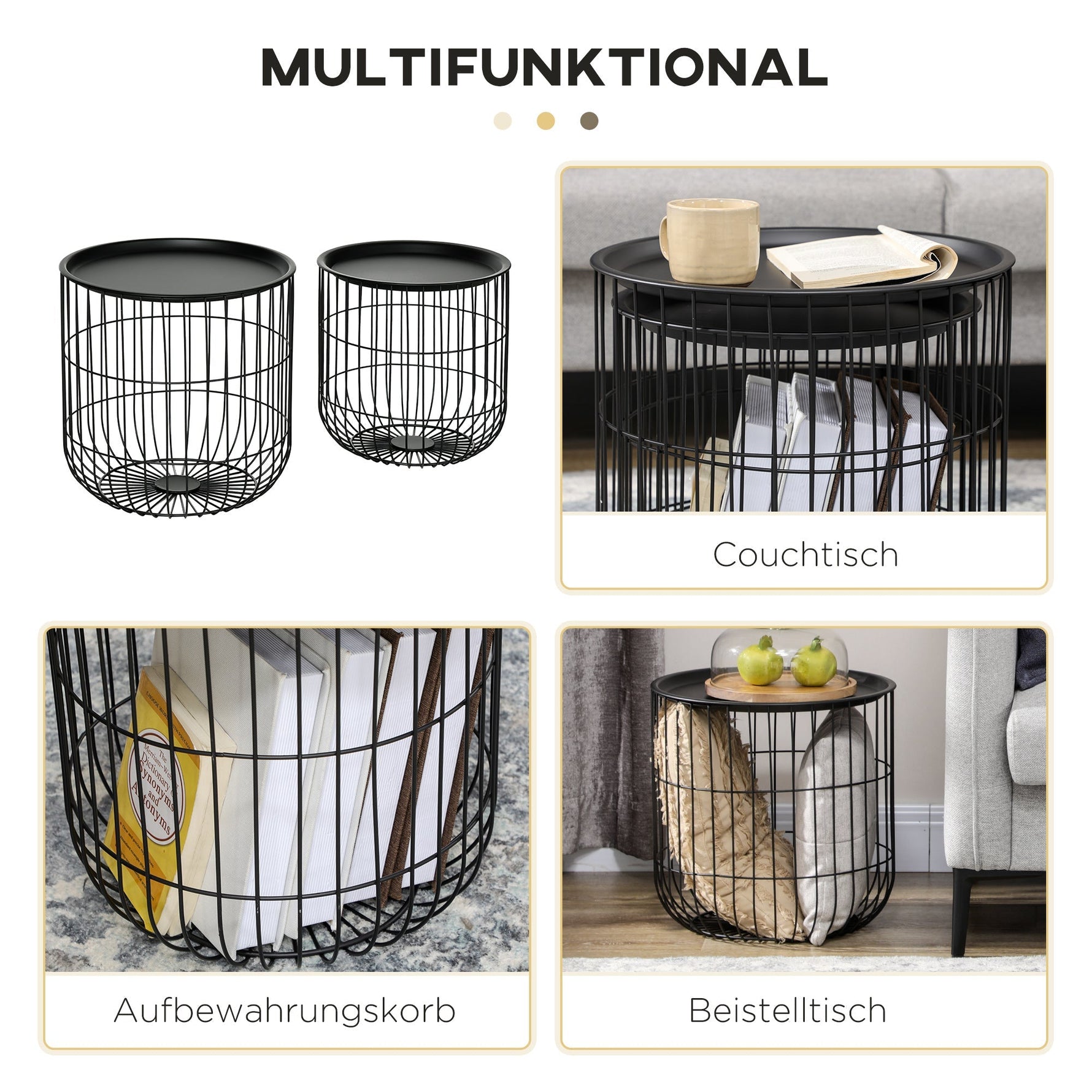 Coffee Tables, Set of 2, Scandi Design with Storage Space, Steel Black