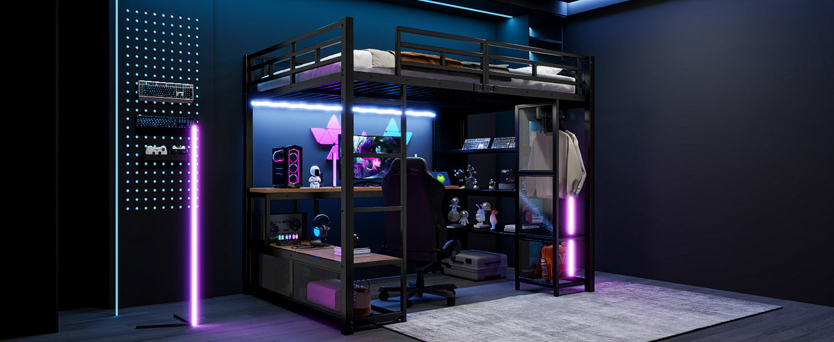 Loft Bed 140x200cm with Storage, Wardrobe & LED, Black Metal