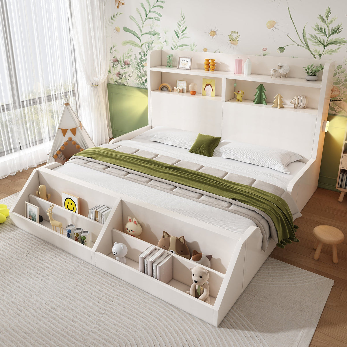 Wooden Double Bed 140x200cm Youth Bed with Shelves Nightlights Bookshelf Pure White