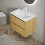 Wall-mounted Bathroom Vanity Unit with Ceramic Sink and 2 Drawers, Collora Wood Grain