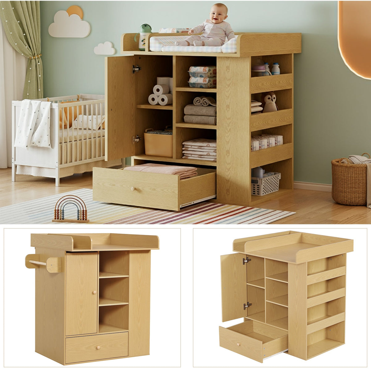 Changing Table with Cabinet, Drawer and Side Storage, Natural Wood Color