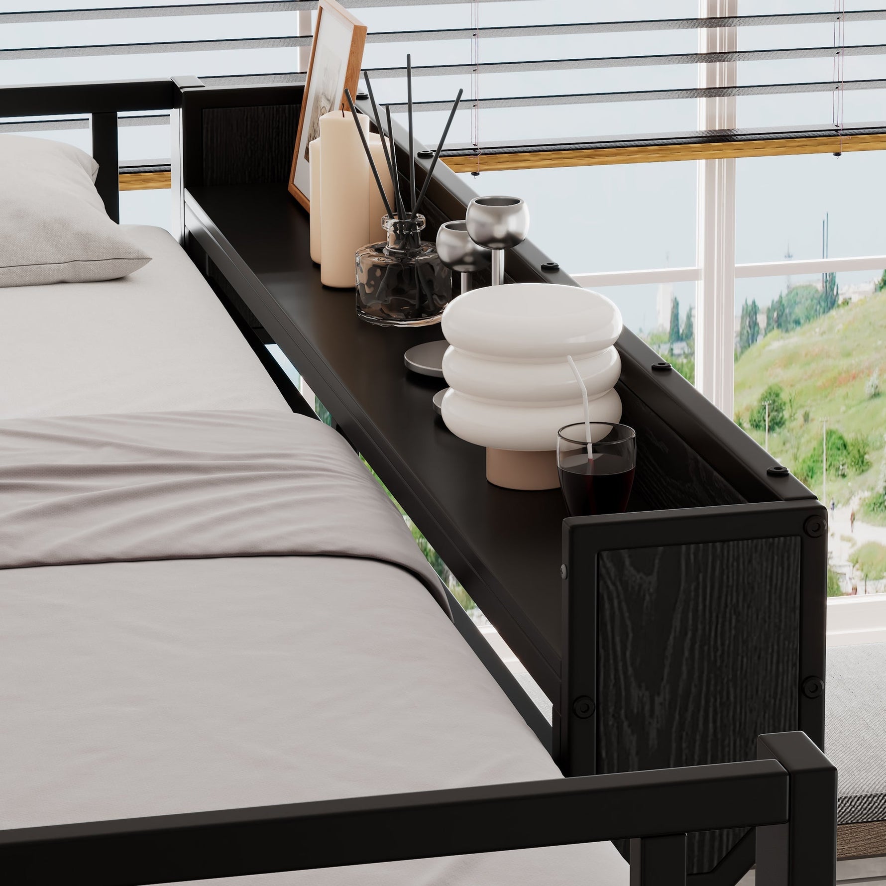 Iron Loft Bed with Desk, Storage and Wardrobe, Black Iron and MDF, 140x200cm