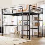 Metal Loft Bed, 140x200 cm with Ladder, Desk & Shelf, Black