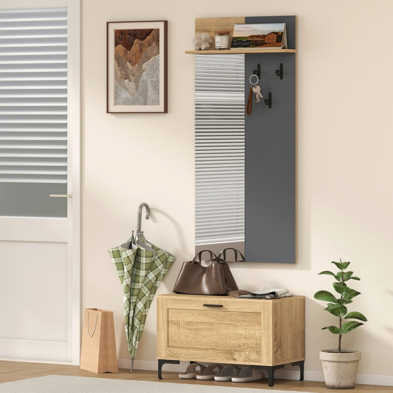 Hallway Set Shoe Bench Mirror 3 Hooks Open Shelf - Natural Wood/Grey