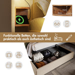 Upholstered Double Bed 160x200, with Bedside Table, Reading Lamp, USB-C, Storage, Solid Wood & Metal Frame, Beige Linen