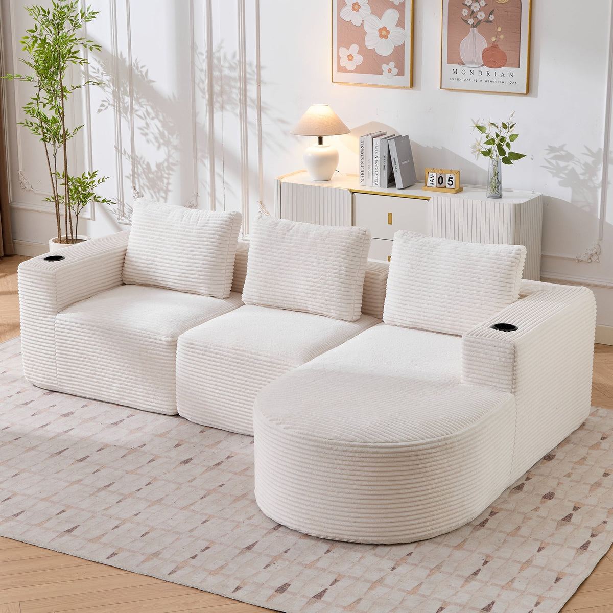Double Sofa with 3 Pillows and 2 Cup Holders, 265cm Wide Fully Compressed, Feather and Plastic